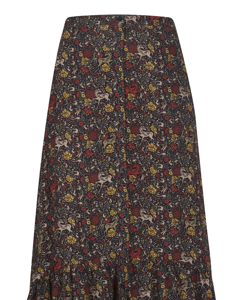 Front of a size XL Ecovero Button Front Maxi Skirt in Cinnabar Enchanted Garden by EQL. | dia_product_style_image_id:236878